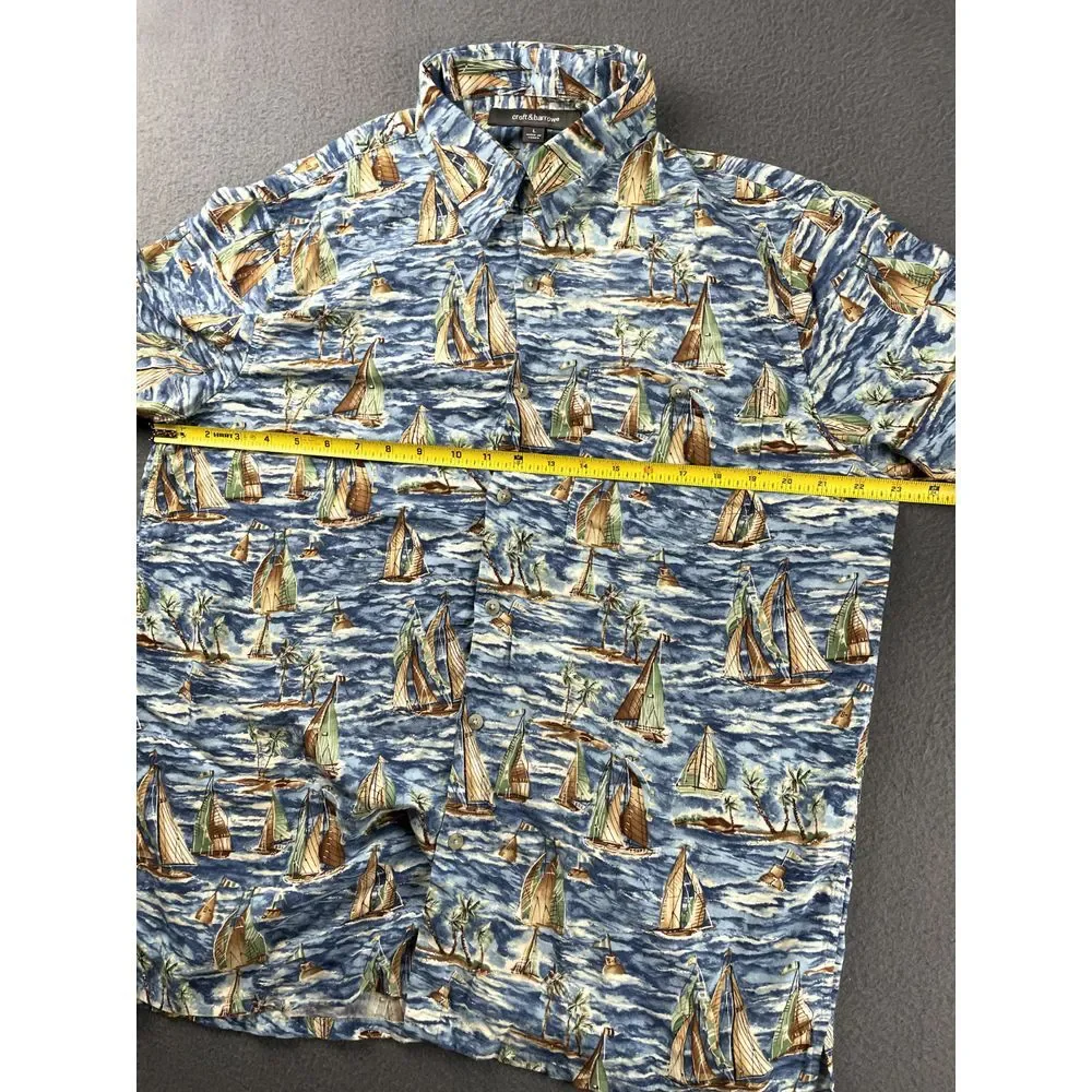 Croft & Barrow Hawaiian Shirt Men's L Nautical Sailboat Watercolors Sailing Blue